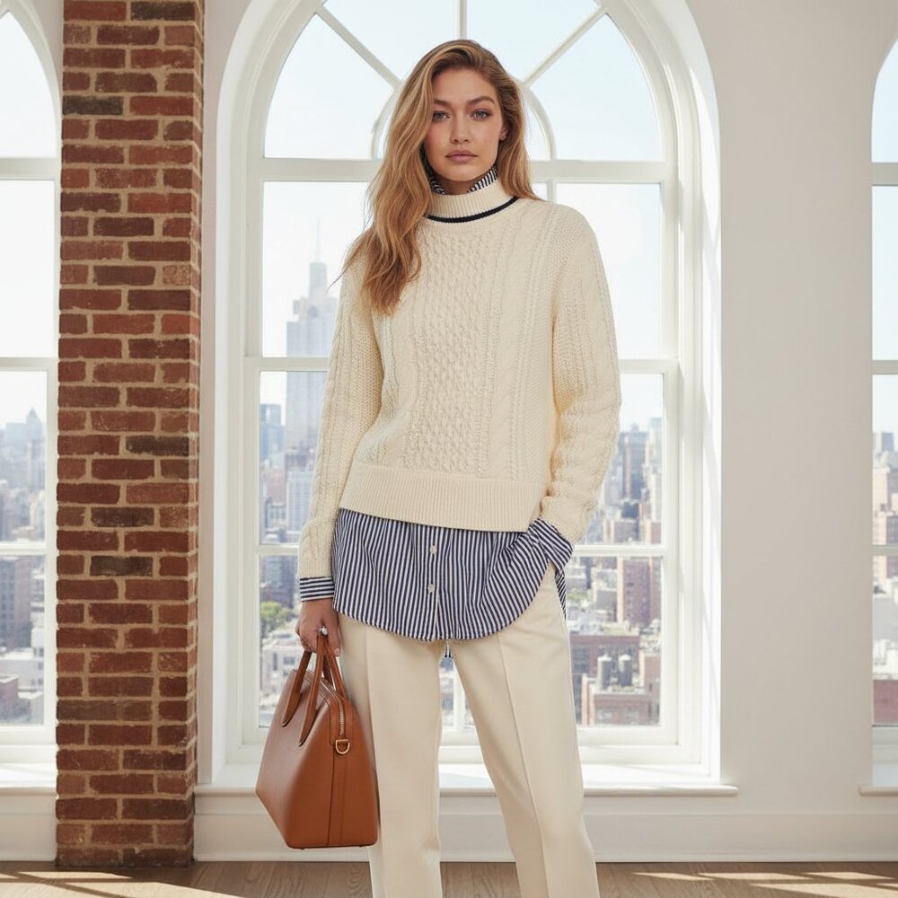 Veronica Beard Fritz Mixed Media Cable Knit Sweater Ivory Navy RARE Size L
